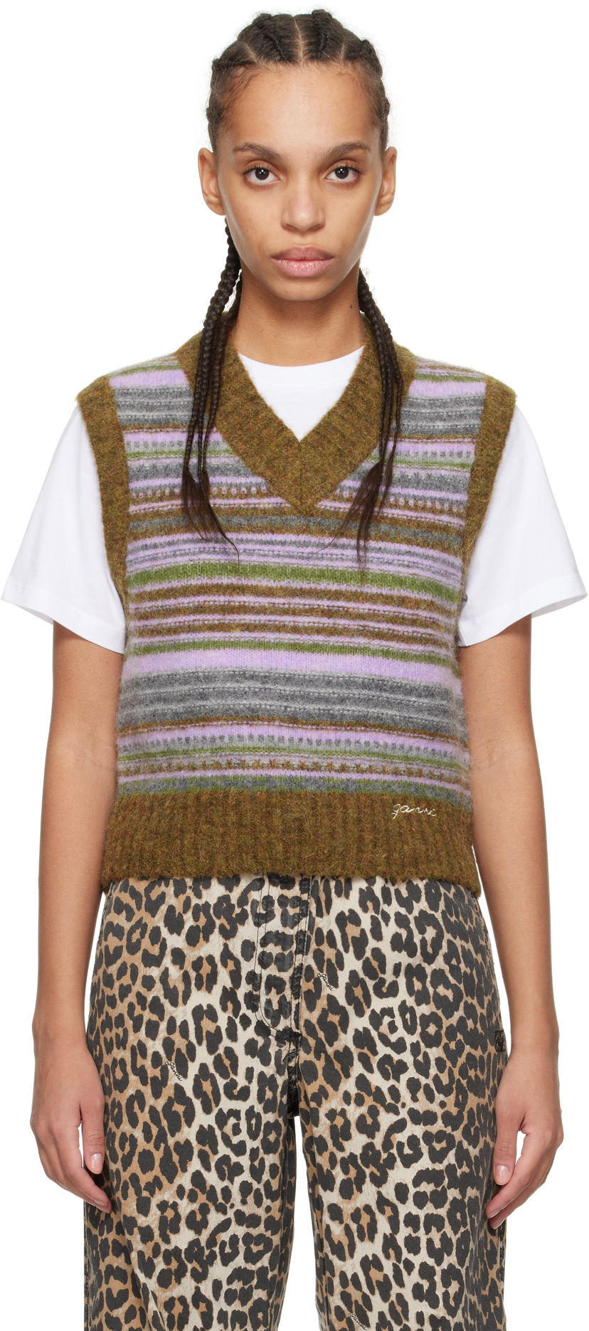 Džemper GANNI GANNI Soft Wool Striped Knit Vest Smeđa | K2356