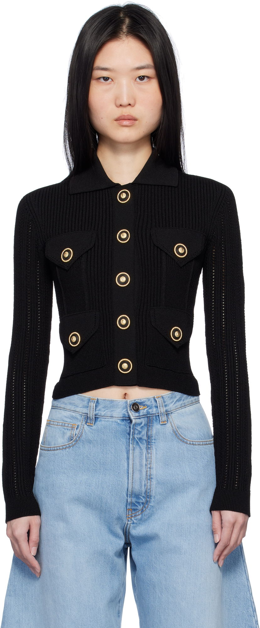 Džemper Balmain Cropped Ribbed Cardigan Crna | EF1KL150KI10