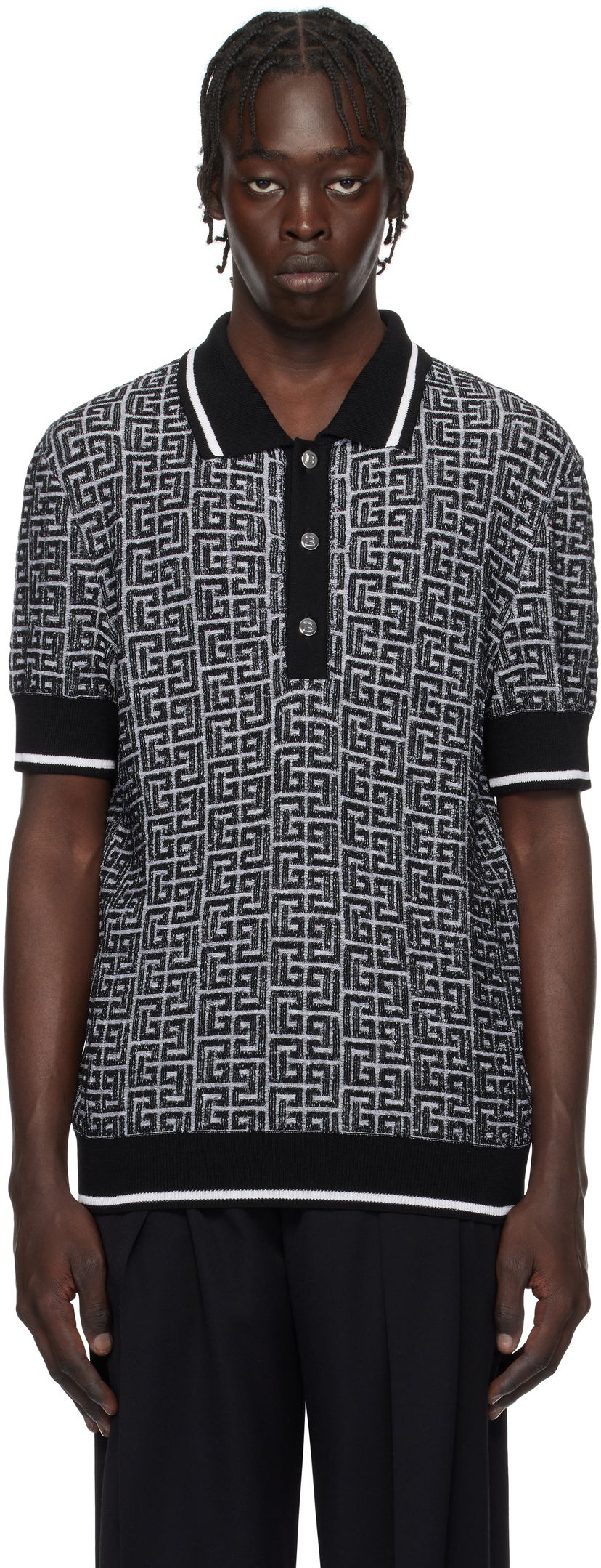 Polo majica Balmain Black & White Labyrinth Knit Polo Shirt Crna | EH1GB020KI03
