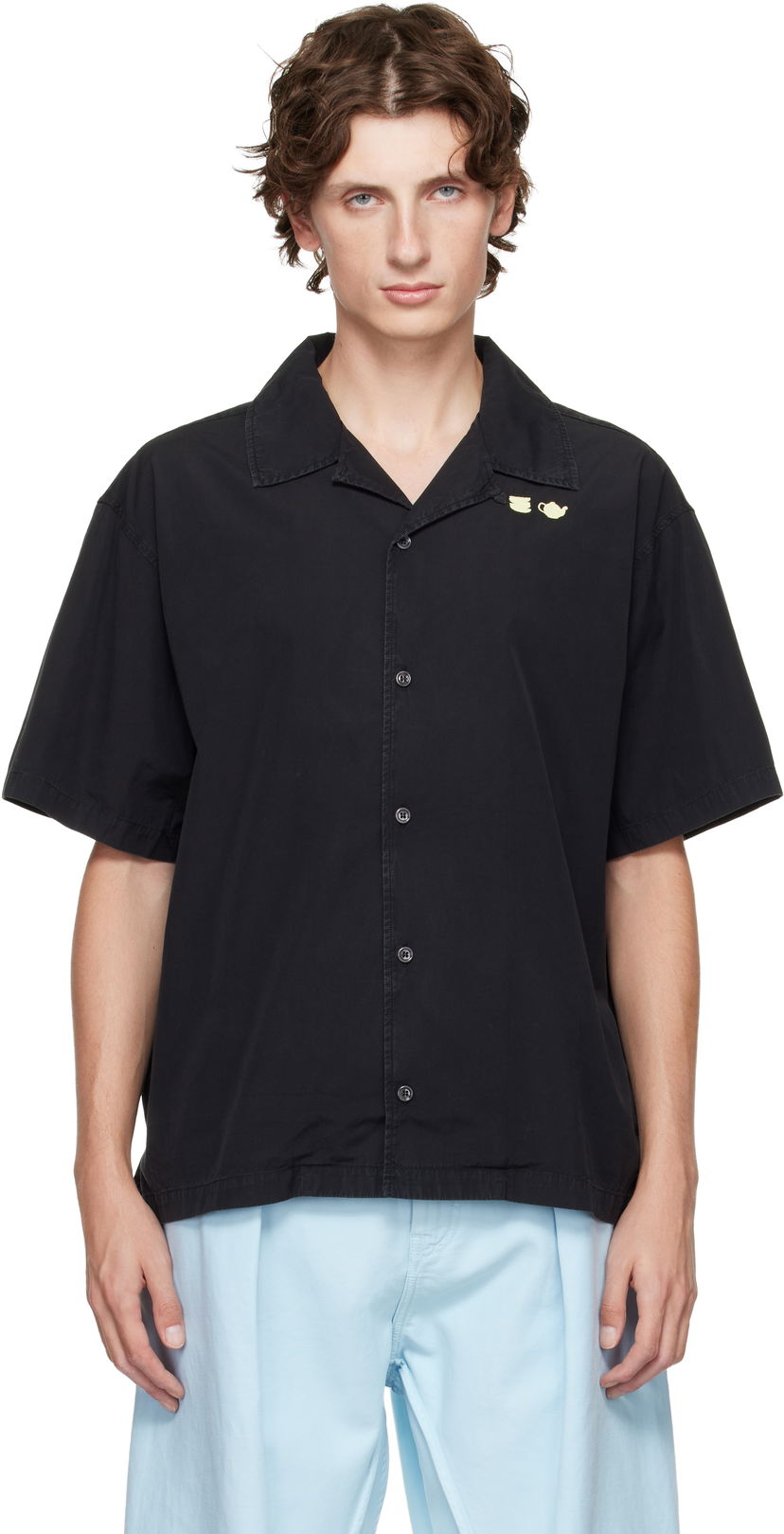 Košulja JW Anderson Teapot and Teacup Embroidery Spread Collar Short Sleeve Shirt Crna | SH0371-PG1823