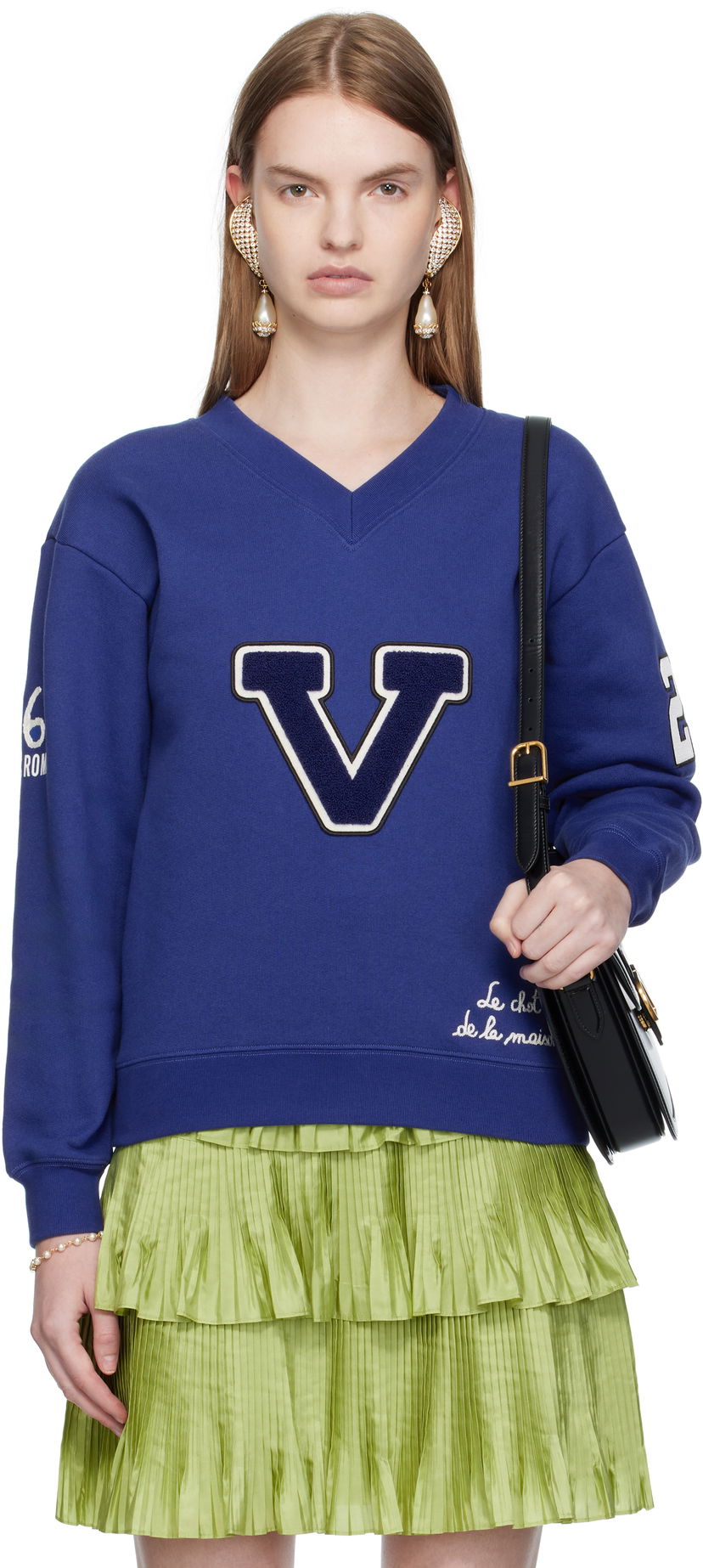 Dukserice Valentino Valentino Embroidered Cotton V-Neck Sweatshirt Plava | 7B3MF24V9KY