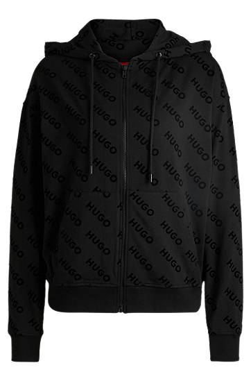 Dukserice BOSS HUGO Zip-Up Hoodie with Flock-Print Logos Crna | 50531659