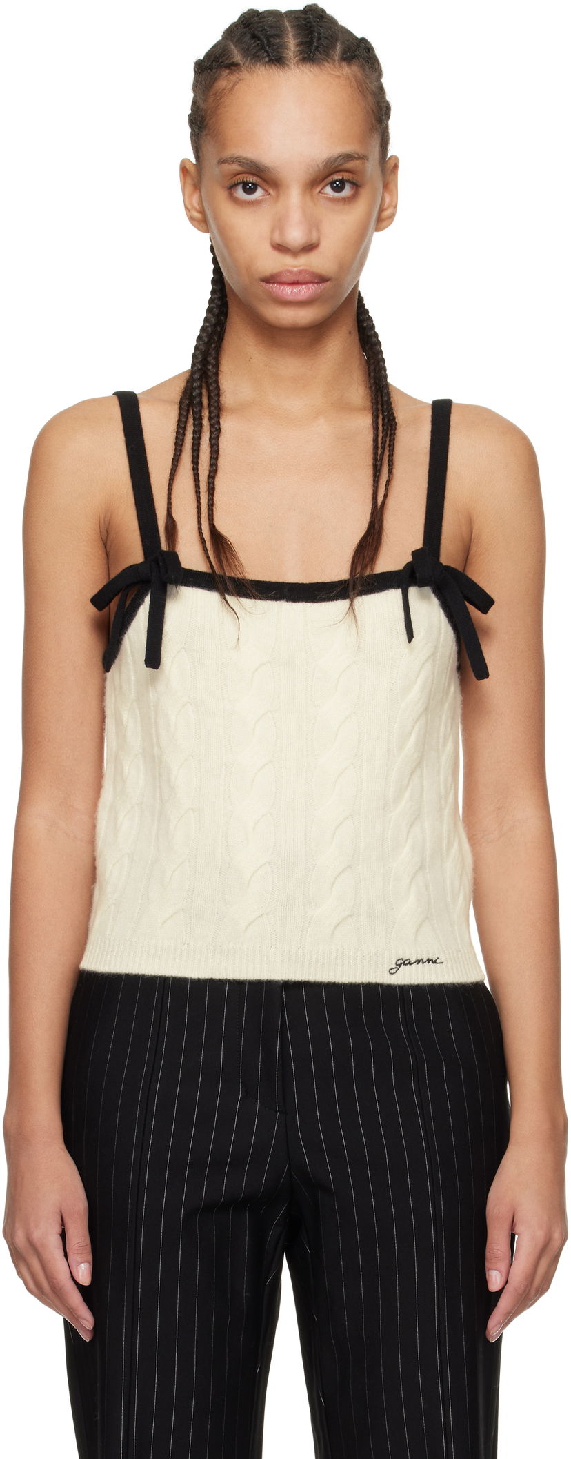 Majica bez rukava GANNI Off-White & Black Cashmere Mix Strap Tank Top Bež | K2416
