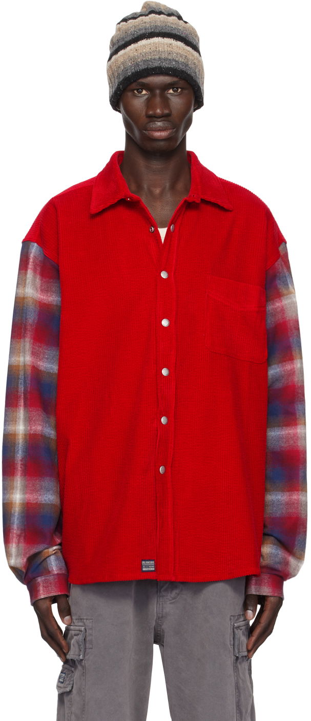 Košulja ERL Corduroy Overshirt with Plaid Sleeves Crvena | ERL09B005