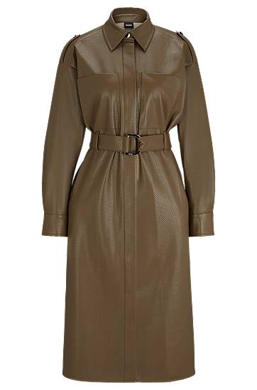 Haljina BOSS Perforated Faux Leather Belted Shirt Dress Zelena | 50505962