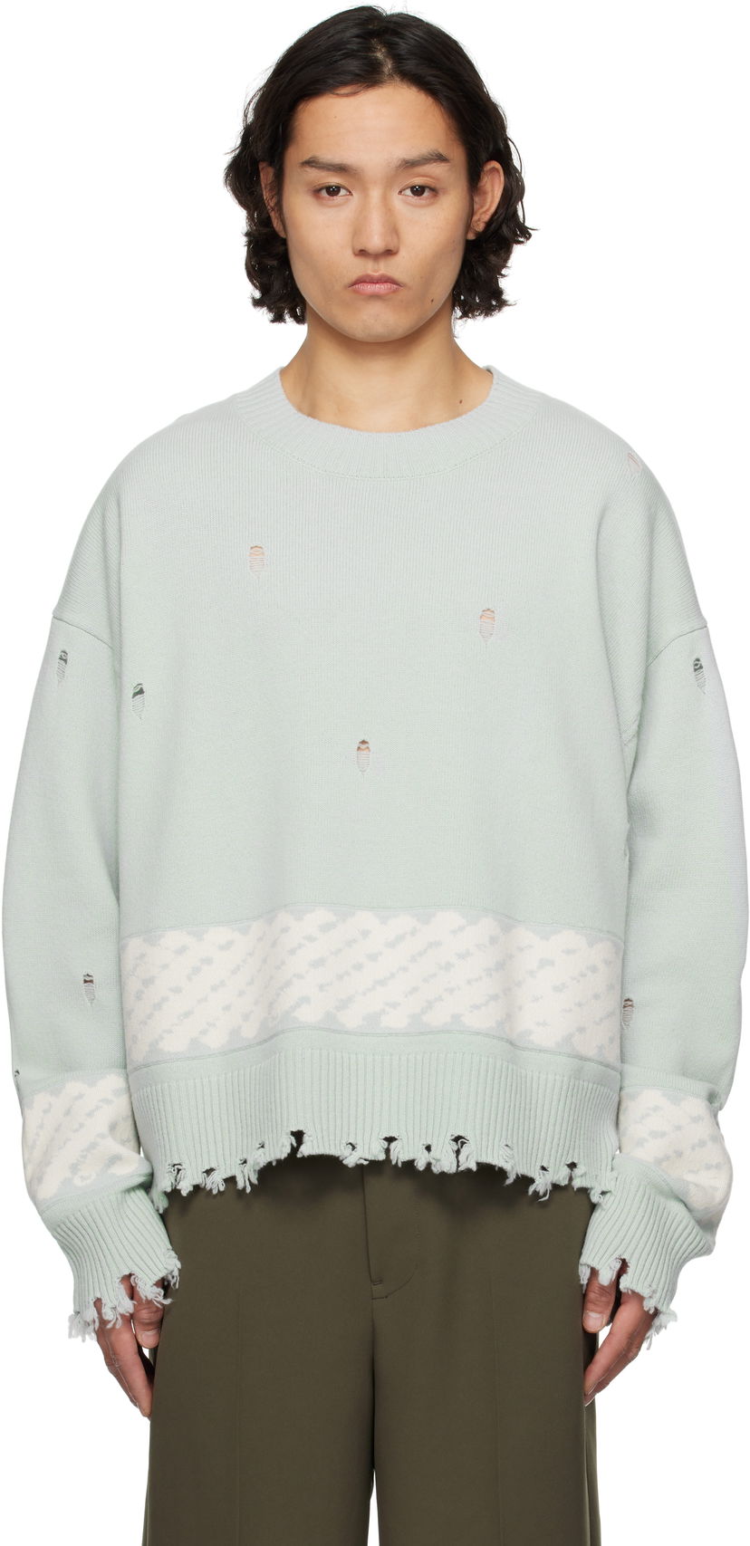 Džemper Feng Chen Wang Feng Chen Wang Ripped Jacquard Sweater Zelena | FUS19KT07