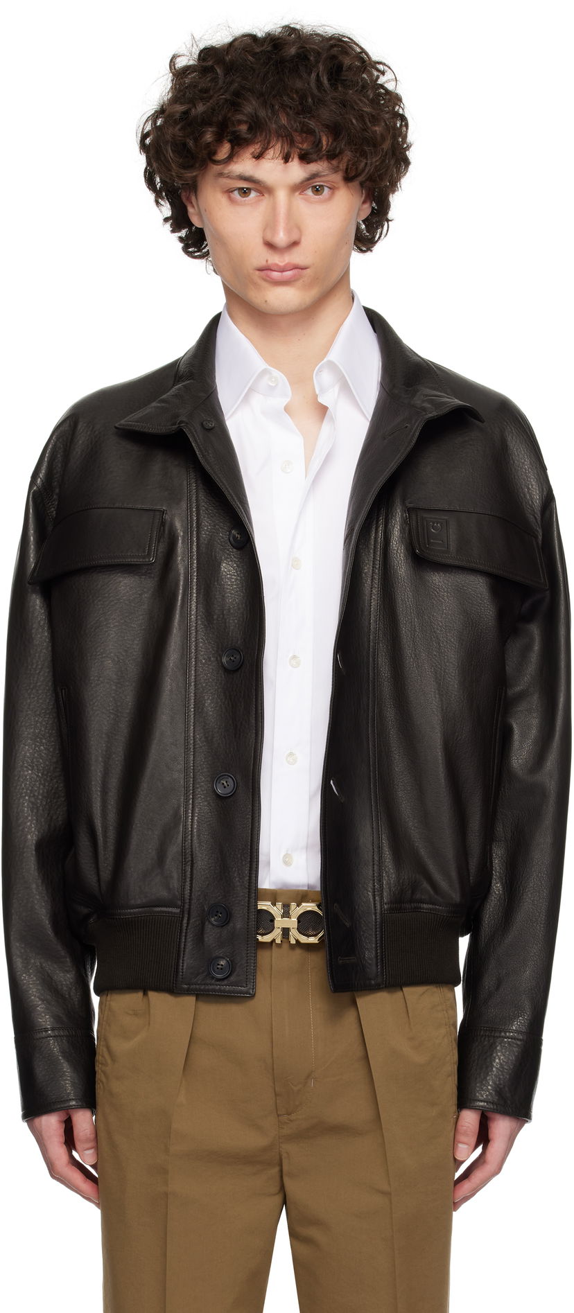 Jakna FERRAGAMO Ferragamo Grainy Leather Jacket Crna | 783255