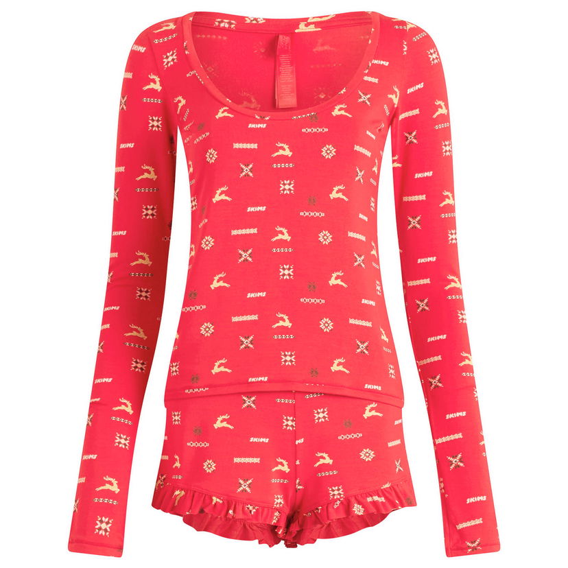 Pidžama SKIMS Long Sleeve Scoop Neck Pajama Top and Ruffle Short Set with Vintage Deer Print Crvena | ST-SST-9968W-CVD