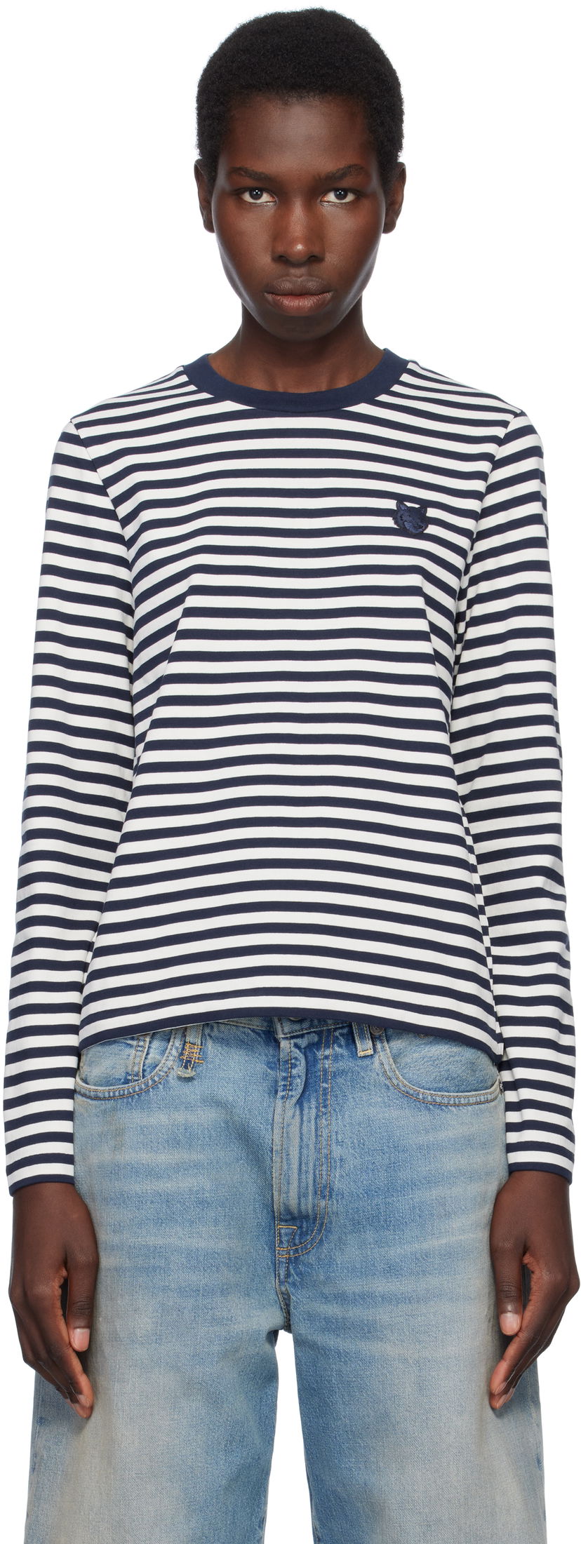 Majica kratkih rukava MAISON KITSUNÉ Maison Kitsuné Fox Head Patch Striped T-Shirt Tamnoplava | OW00111KA0026