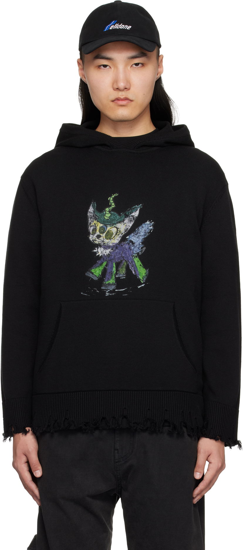 Dukserice We11done We11done Grunge Monster Pony Knit Hoodie Crna | WD-KT0-25-659-U-BK