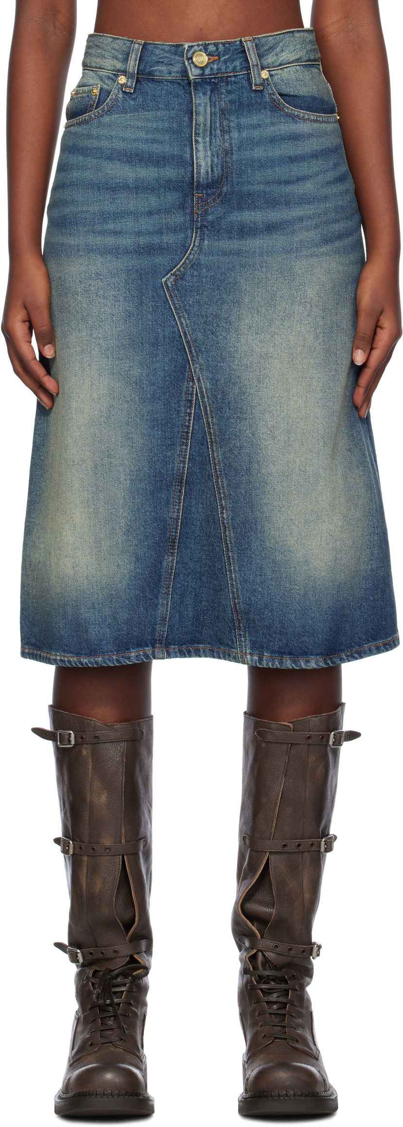Suknja GANNI Heavy Washed Denim Midi Skirt Plava | J1561