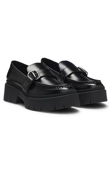 Dodaci BOSS Leather Loafers with Buckled Strap Crna | 50548196