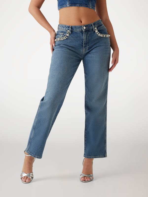 Jeans GUESS Straight Denim Pant With Rhinestone Detail Plava | W5RA1ND5ACC