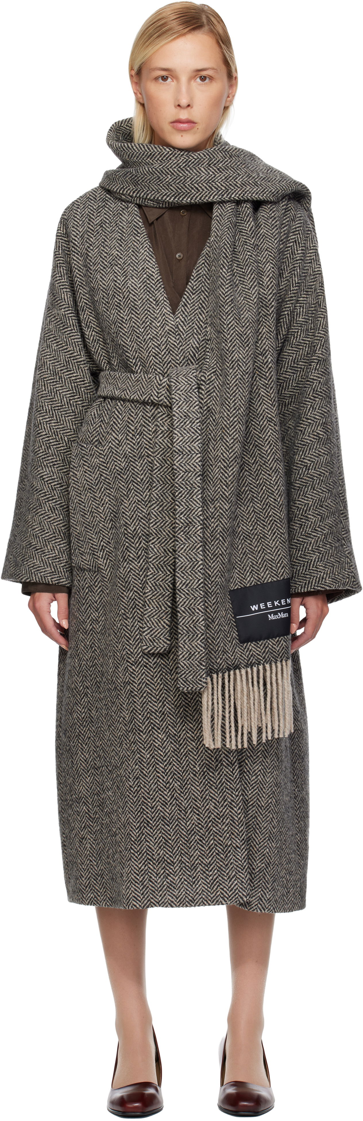 Kaputi Max Mara Weekend Zenica Herringbone Belted Coat with Scarf Siva | 2525016042600, 0