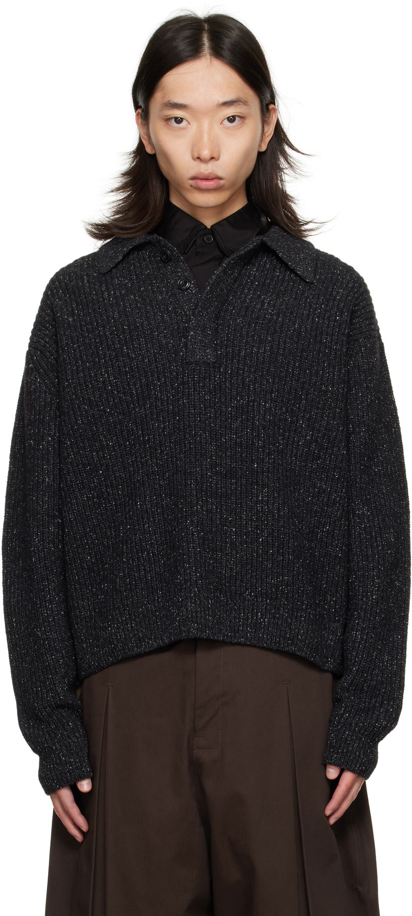 Džemper sage NATION SAGE NATION Knit Polo Sweater Crna | S098 POLO WOOL SPECKLED CHARCO