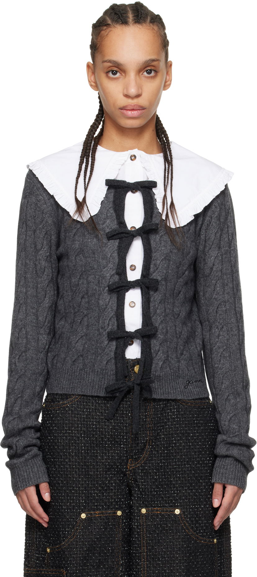 Džemper GANNI Ganni Cashmere Blend Tie Front Cardigan Siva | K2413