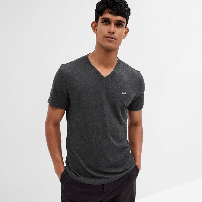 Majica kratkih rukava GAP Micro Logo Vee Neck Tee Charcoal Grey Siva | 753771-01