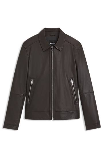 Jakna BOSS Regular-Fit Leather Jacket with Zip Closure Smeđa | 50543214