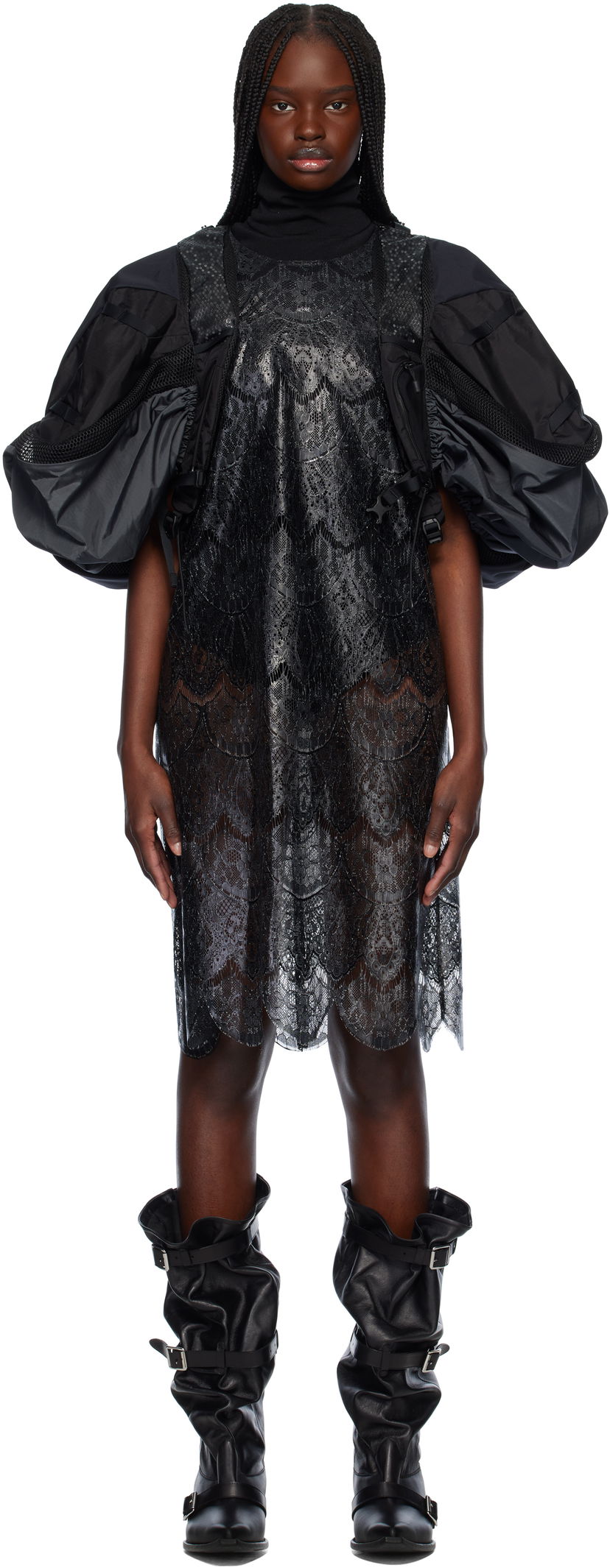 Haljina Junya Watanabe Junya Watanabe Scalloped Lace & Nylon Ripstop Midi Dress Crna | JO-O023-051-1
