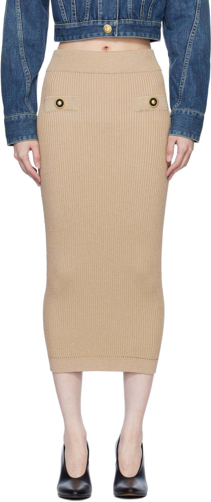 Suknja Balmain Ribbed Knit Midi Skirt Bež | EF1LD022KI10