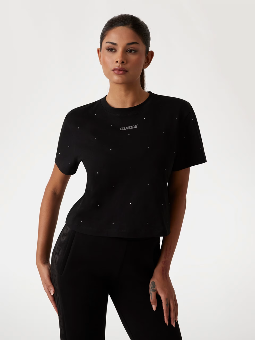 Majica kratkih rukava GUESS Guess Primula Rhinestone Boxy T-Shirt Crna | V5GI00I3Z14-JBLK