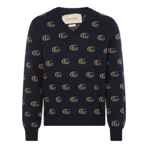 Džemper Gucci Jacquard Wool V-Neck Sweater Tamnoplava | 645292-XKBPF-4804