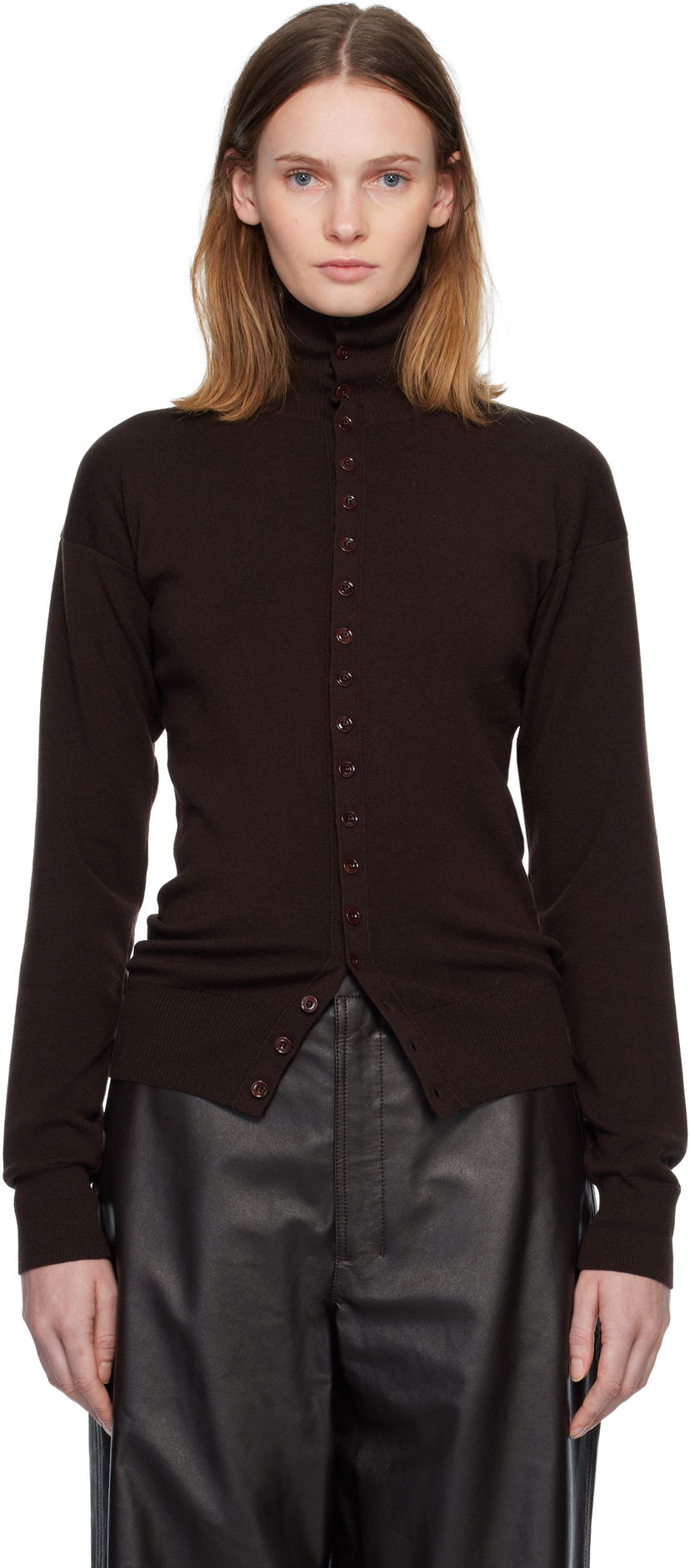 Džemper LEMAIRE Long-Sleeve High-Neck Buttoned Fitted Knit Cardigan Smeđa | TO1431 LK1045