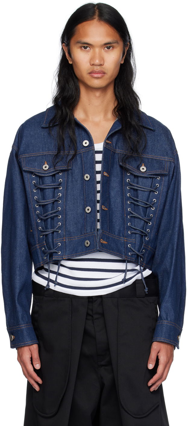 Jakna Jean Paul Gaultier Jean Paul Gaultier Lace-Up Cropped Denim Jacket Plava | 24/30-F-VE067-D015-55