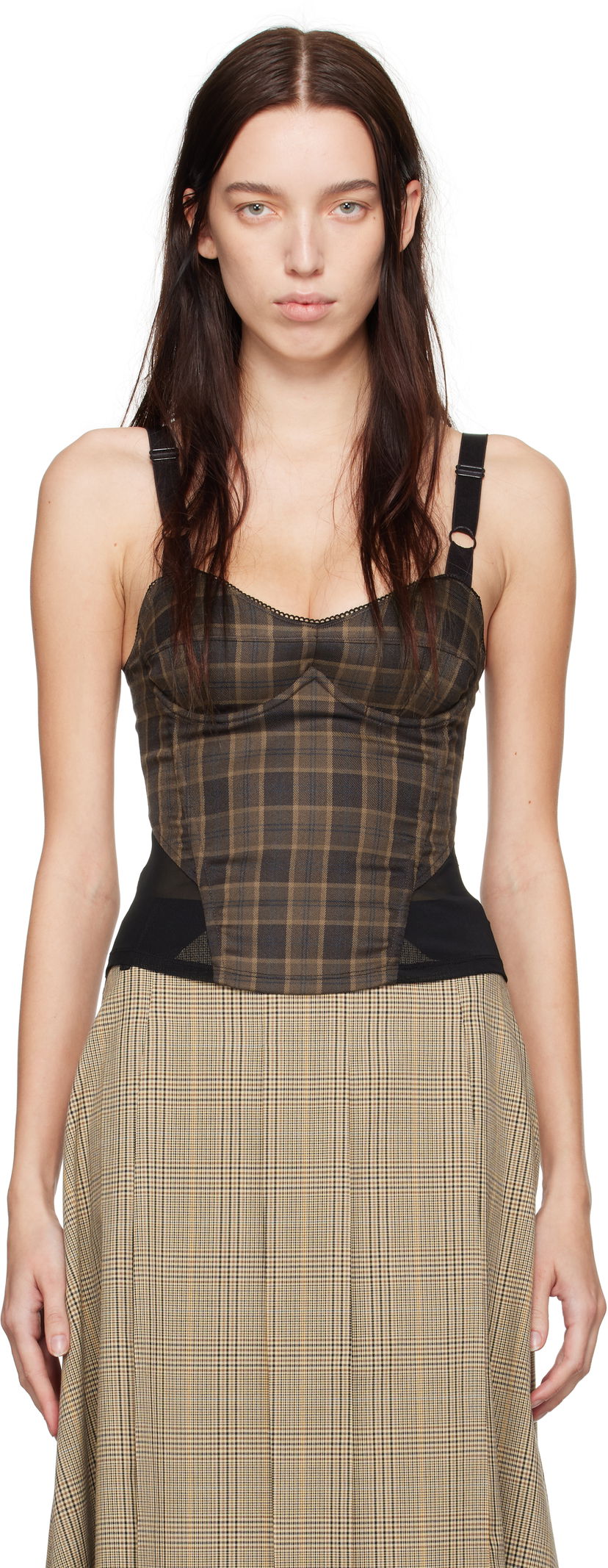 Majica bez rukava Miaou Miaou Marguerite Plaid Corset Top Smeđa | 7149PLBPLB