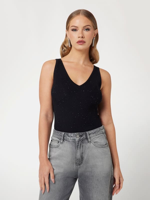 Majica bez rukava GUESS Knitted Tank Top with V-Neck Crna | W5RR18Z34O0