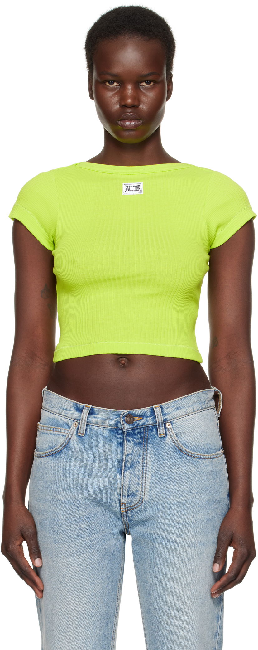 Crop top Jean Paul Gaultier Jean Paul Gaultier 'The Patch' Cropped Ribbed T-Shirt Zelena | 25/33-F-TS105P-J054-44