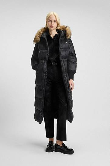 Pernata jakna BOSS Long Water-Repellent Puffer Parka with Detachable Faux Fur Hood Trim and Sleeves Crna | 50547222, 1