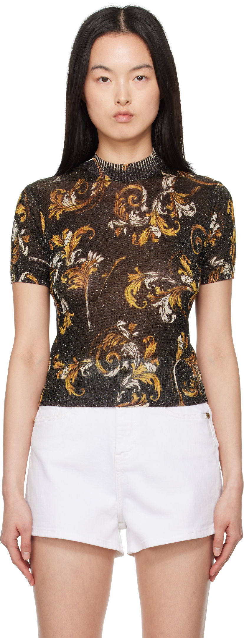 Majica kratkih rukava Versace Versace Jeans Couture Barocco Lurex Knit Top Crna | E78HAFM07_ECMN45