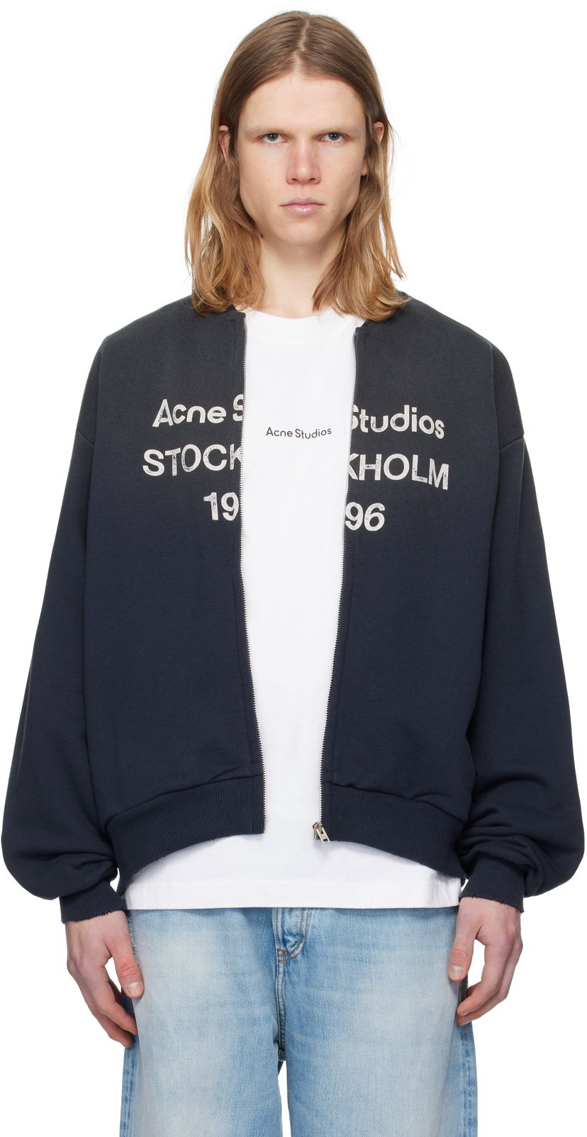 Bomber jakna Acne Studios Acne Studios Logo Zip Sweater Tamnoplava | CI0189-