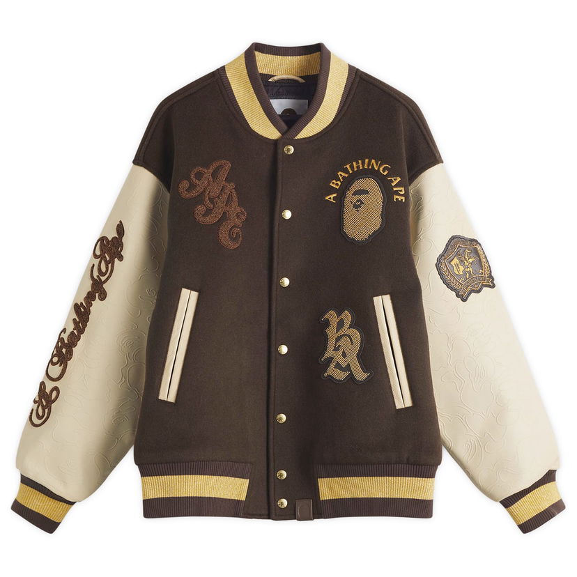 Bomber jakna BAPE Line Camo Logo Wool Varsity Jacket, Size Large Smeđa | 001HJL301302M-BRN