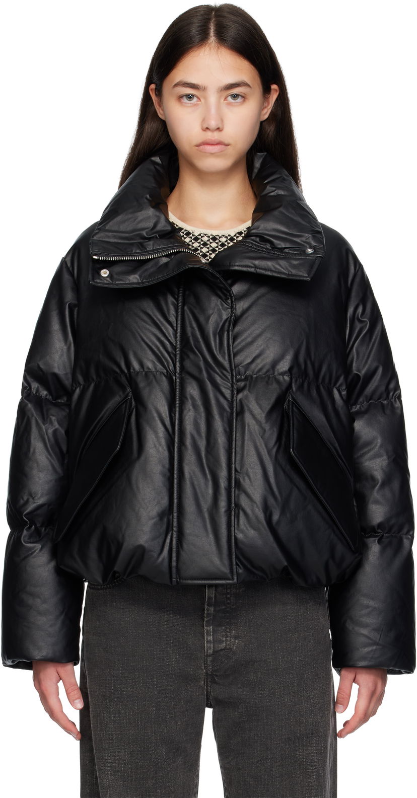 Pernata jakna Maison Margiela MM6 Maison Margiela Faux-Leather Zip Down Jacket Crna | S52AM0338 S53057