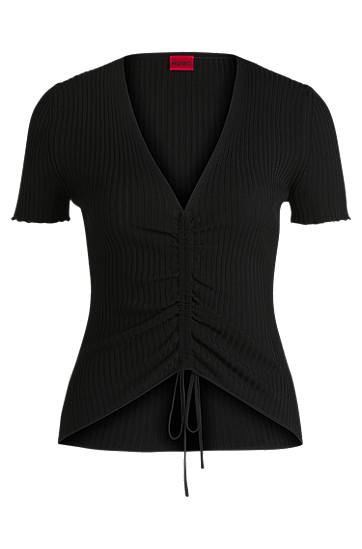 Džemper BOSS Ribbed Knit V-Neck Top with Gathered Front Crna | 50538231
