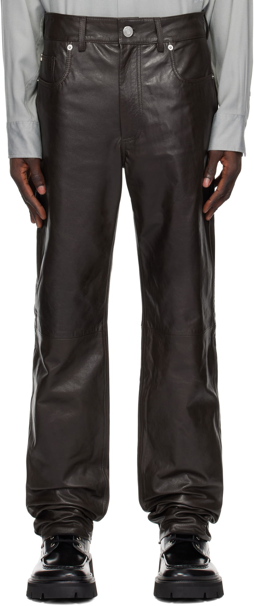 Jeans AMI Straight Fit Leather Pants Smeđa | HTR509.LH0043