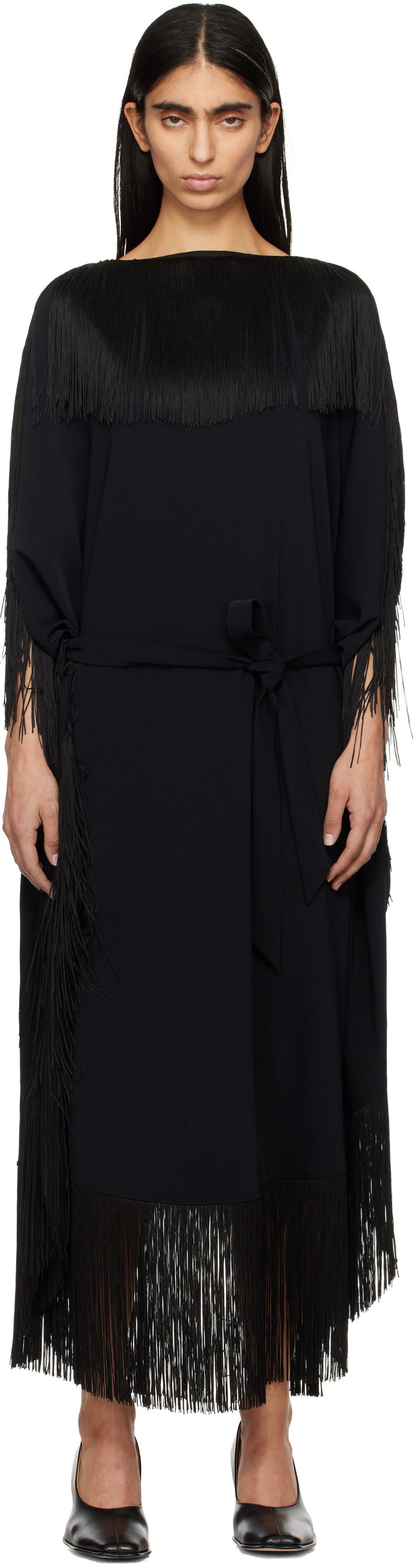 Haljina Maison Margiela MM6 Maison Margiela Fluid Fringe Midi Dress Crna | S52DD0061 S37977
