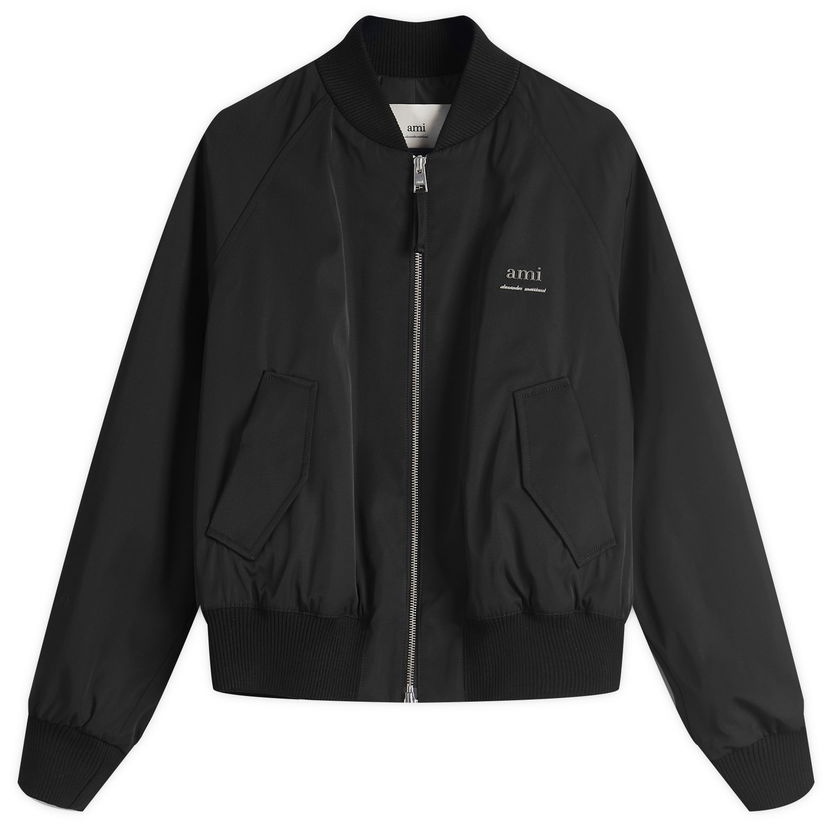 Bomber jakna AMI AMI Paris Women's Wool Gabardine Logo Bomber Jacket, Size Large Crna | FJK012-PA0007-001
