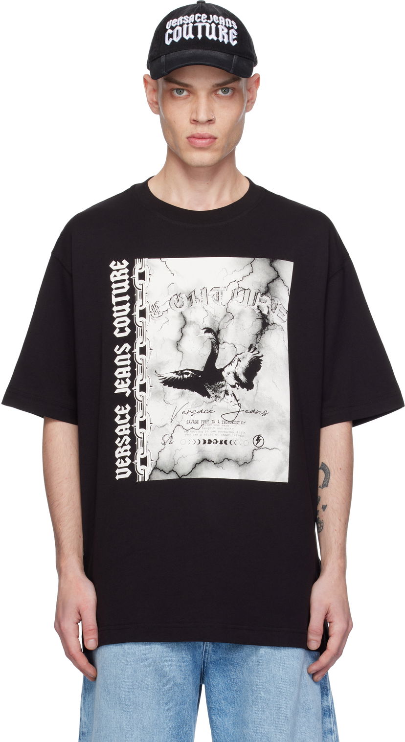 Majica kratkih rukava Versace Screen-Printed Black T-Shirt Crna | E77GAHT07_ECJ00T