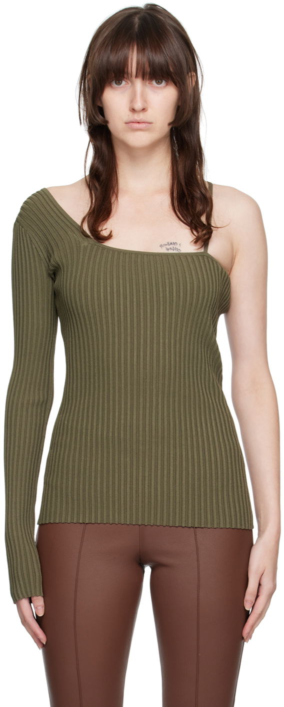 Majica kratkih rukava Helmut Lang One Shoulder Ribbed Long Sleeve Top Zelena | M06HW704
