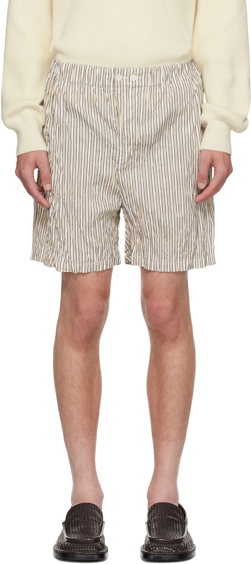 Kratke hlače Bottega Veneta Bottega Veneta Crushed Tech Cotton Stripe Shorts Bež | 833970V5NM08773