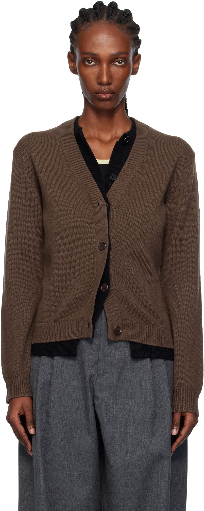 Džemper JW Anderson Contrast Layered V-Neck Ribbed Cardigan Smeđa | KW1494-YN0423