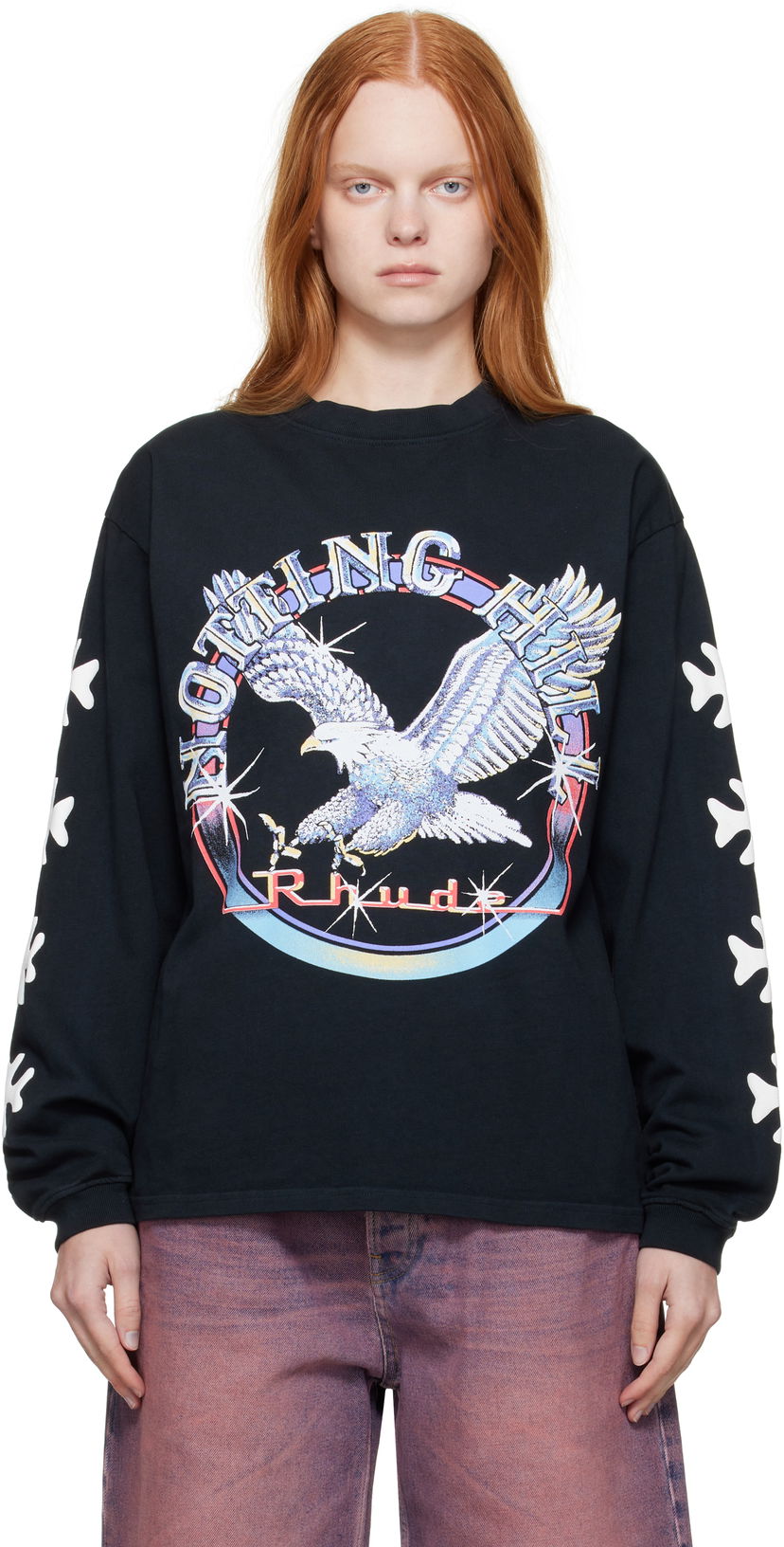Majica kratkih rukava Rhude Rhude Notting Hill Eagle Graphic Long Sleeve T-Shirt Crna | RHPF25TT14012