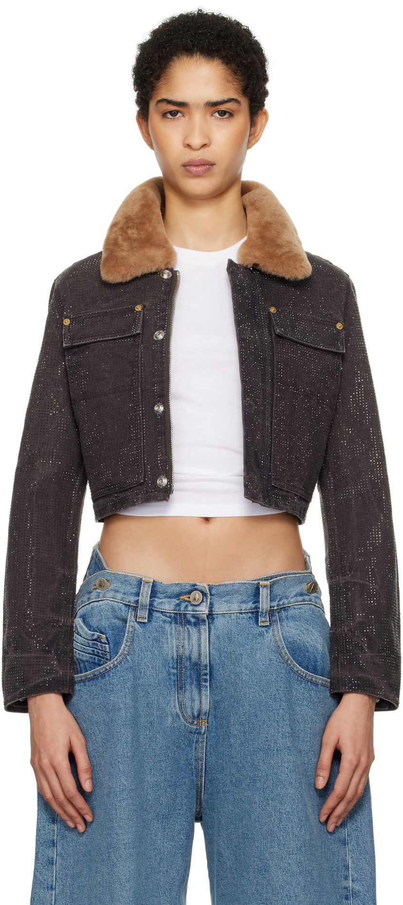 Jakna Alexander Wang Alexander Wang Workwear Cropped Denim Jacket with Shearling Collar Smeđa | 1WC4242501
