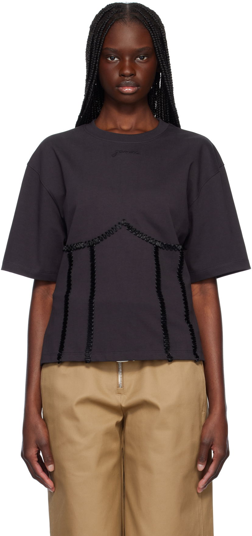 Majica kratkih rukava GANNI Ganni Cotton Tie Back T-Shirt Crna | T4179