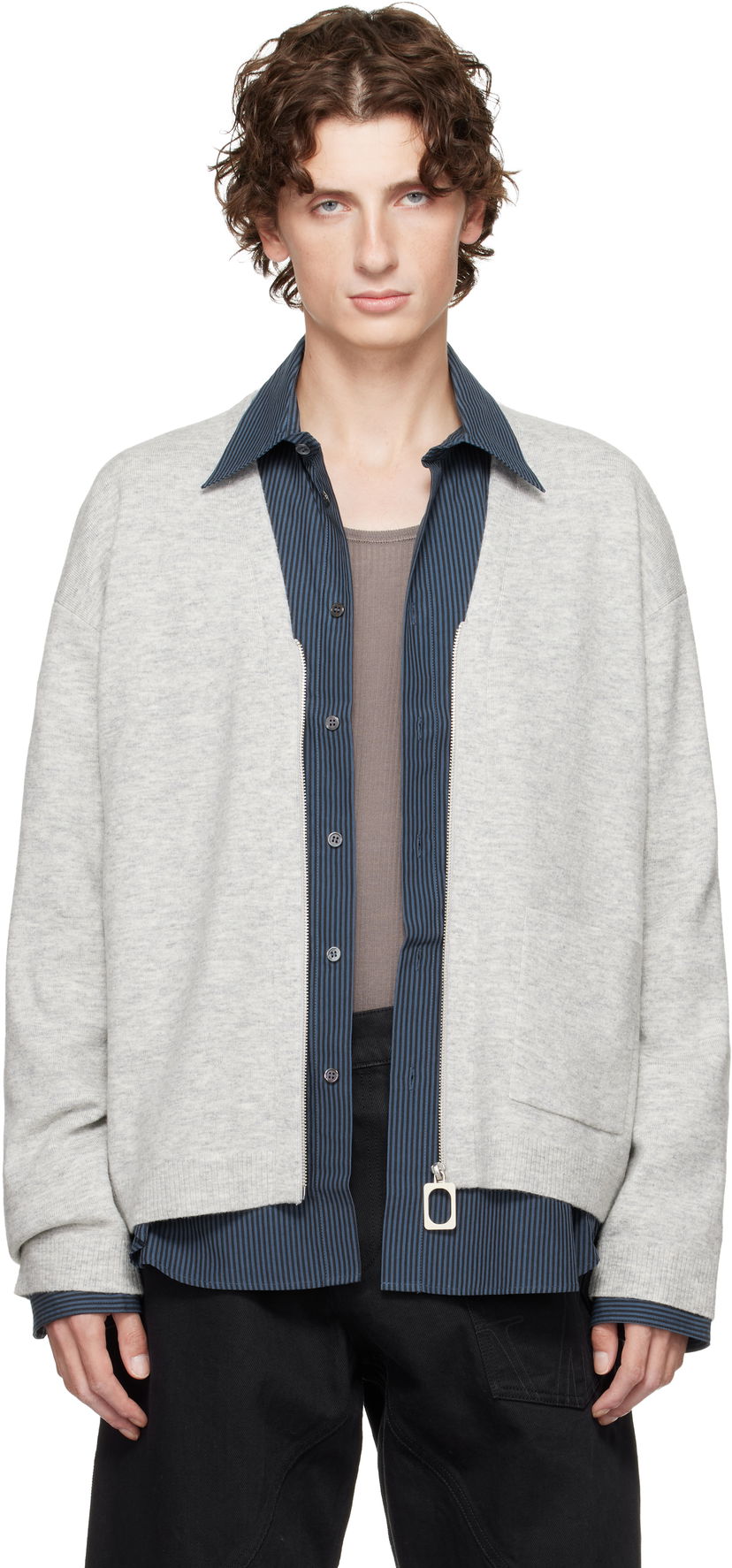 Džemper JW Anderson JW Anderson V-Neck Zip-Up Cardigan Siva | KW1435-YN0443