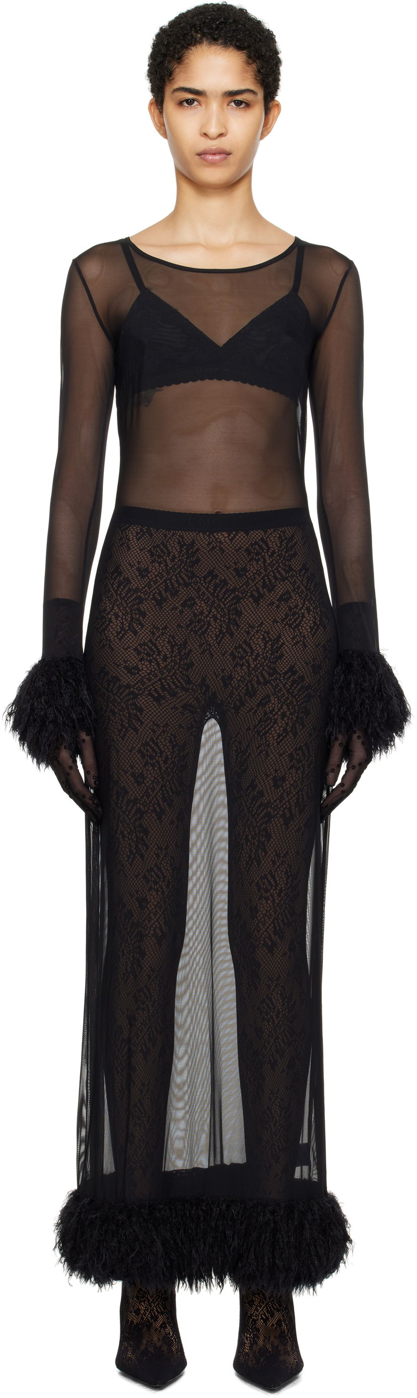 Haljina Marine Serre Feather Trim Mesh Maxi Dress Crna | WDR276A