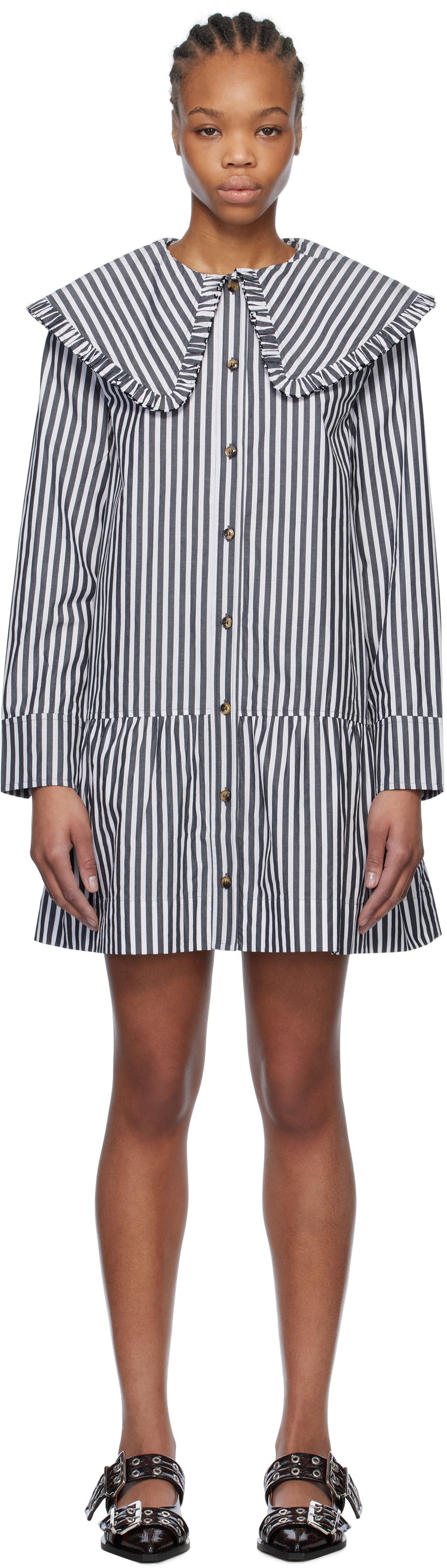 Haljina GANNI Ganni Striped Ruffle Collar Minidress Višebojno | W0098